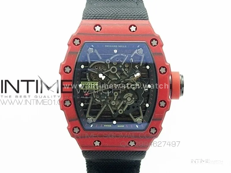 RM 035-2 Red Forged Carbon Black Inner Bezel Skeleton Dial on Black Nylon Strap MIYOTA9015