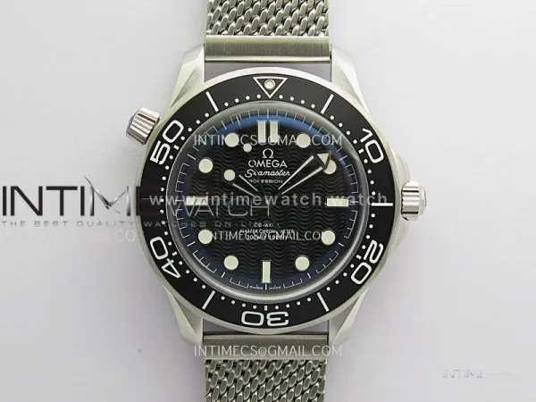 Seamaster 300M Diver 42mm SS ORF Best Edition Black Wave Texture Dial On Mesh Bracelet Super Clone 8806 (Free Rubber Strap)