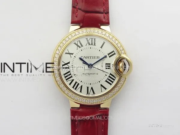 Ballon Bleu 33mm Diamonds Bezel RG 3KF 1:1 Best Edition White Dial on Red Leather Strap A076