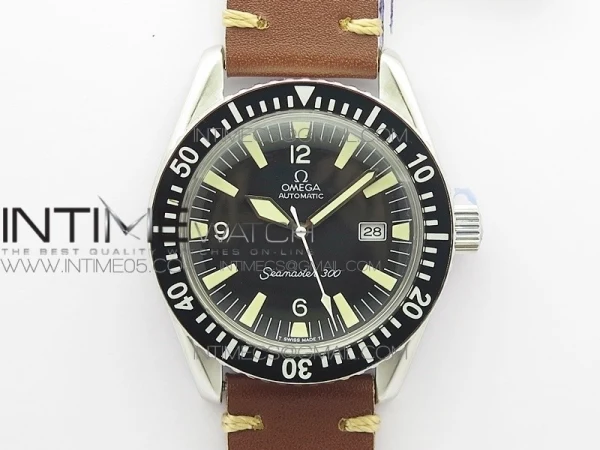 Vintage Seamaster 300 Date SS B12 Black Dial On Brown Leather Strap A-2836 (Free Nylon Strap)
