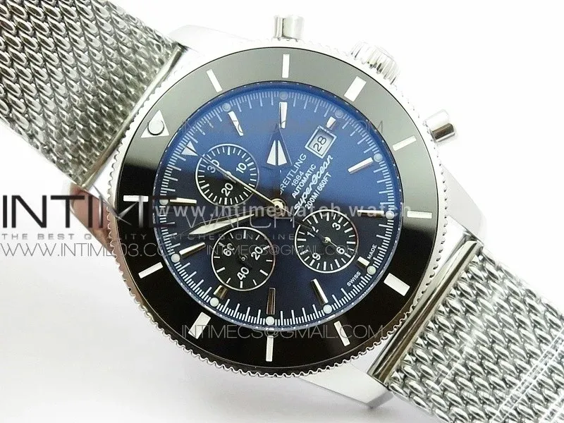 SuperOcean A13312 46mm Black Ceramic Bezel Blue Dial/black subdial on SS Bracelet A7750