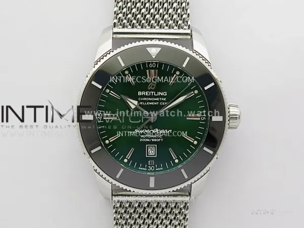 SuperOcean 46mm Black Ceramic Bezel SS B50 1:1 Best Edition Green Dial On SS Mesh Bracelet A2824