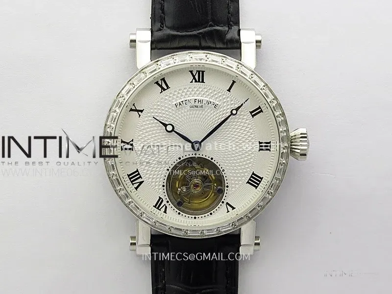 Classic Tourbillon SS/Diamonds Bezel AXF White Textured Dial On Black Leather Strap EQ5210