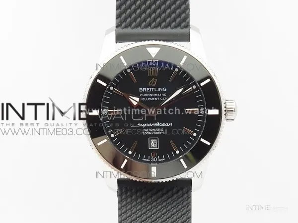 Super Ocean Heritage Black Ceramic Bezel SS Black Dial on Rubber Strap A2824