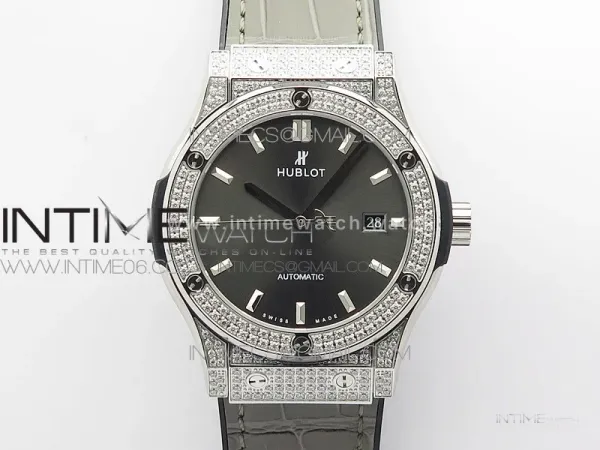 Classic Fusion 42mm SS Paved Diamonds Case/Bezel B50F Gray Dial On Gray Gummy Strap A2892