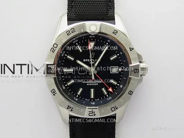 Avenger Chronometer 45mm Red GMT Hand SS B50F 1:1 Best Edition Black Dial On Black Nylon Strap A2836