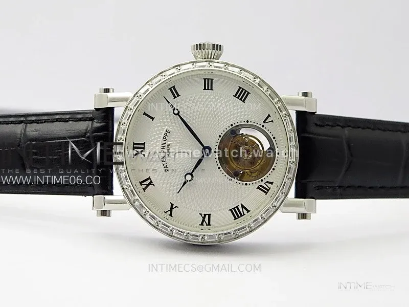 Classic Tourbillon SS/Diamonds Bezel AXF White Textured Dial On Black Leather Strap EQ5210