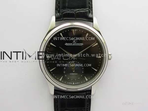 Master Ultra Thin Moon 1368420 SS GF 1:1 Best Edition Black Dial on Black Leather Strap Asian 925