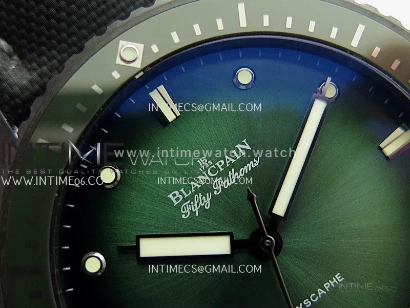 Fifty Fathoms Bathyscaphe Green Ceramic GF 1:1 Best Edition Green Ombre Dial On Black Sail-Canvas Strap A1315(Free Rubber Strap)