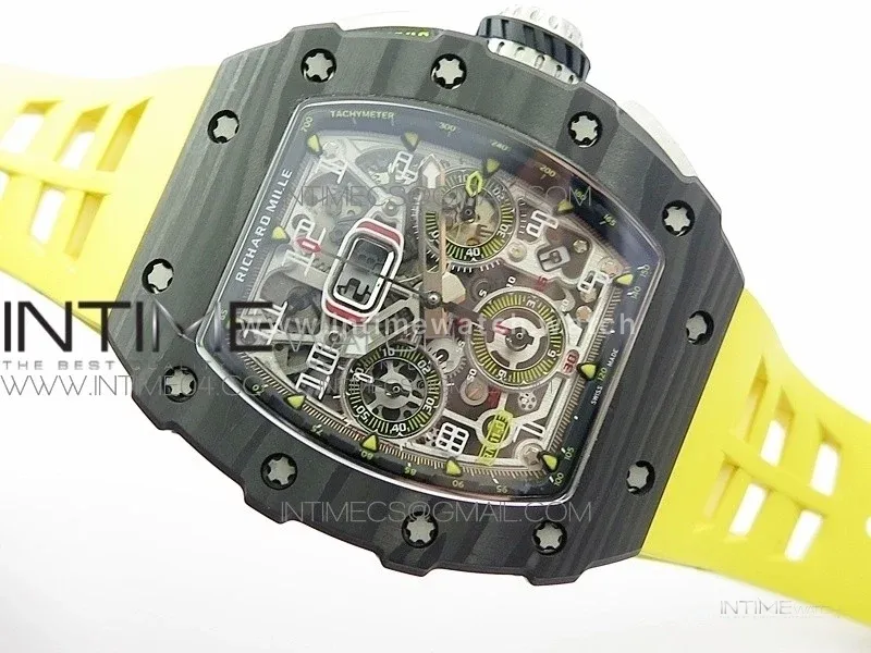 RM011 Carbon Case Chrono KVF 1:1 Best Edition Crystal Skeleton Yellow Dial on Yellow Rubber Strap A7750