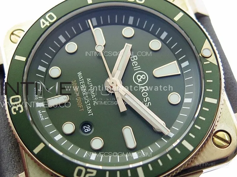 BR 03-92 Diver Ceramic Bezel Bronze B12 1:1 Best Edition Green Dial on Gray Leather Strap A2824 (Free Rubber Strap)