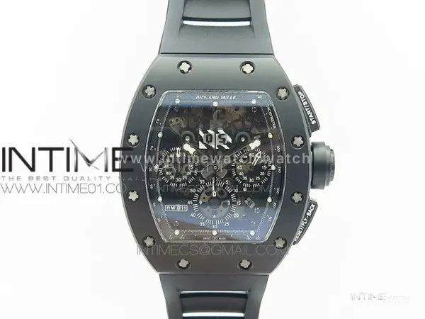 RM011 Ceramic Chronograph KVF 1:1 Best Edition Crystal Skeleton Dial Black on Black Rubber Strap A7750