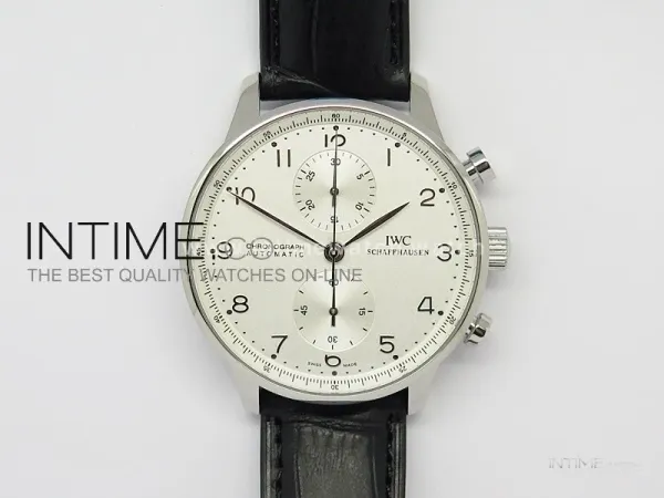 Portuguese 40mm Chrono SS White Dial Sliver Number on Leather Strap A7750