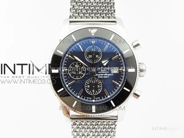 SuperOcean A13312 46mm Black Ceramic Bezel Blue Dial/black subdial on SS Bracelet A7750