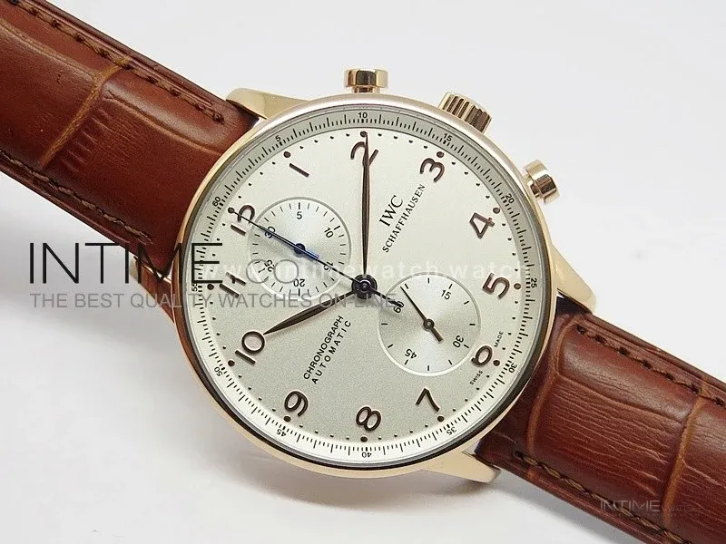 Portuguese 40mm Chrono RG White Dial on Leather Strap A7750