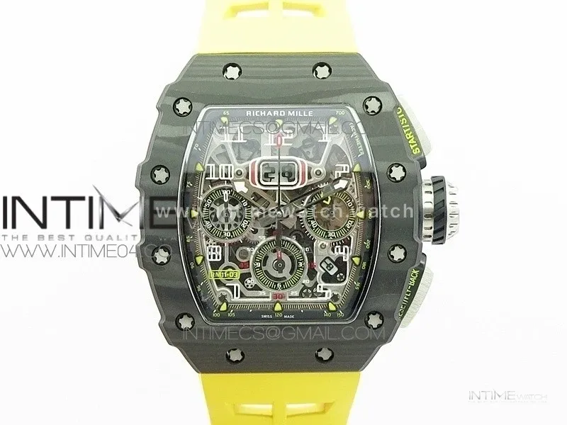 RM011 Carbon Case Chrono KVF 1:1 Best Edition Crystal Skeleton Yellow Dial on Yellow Rubber Strap A7750